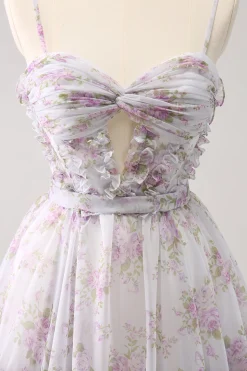 Lilás A-Line Estampas Florais Ruffled Tiered Tulle Homecoming Dress