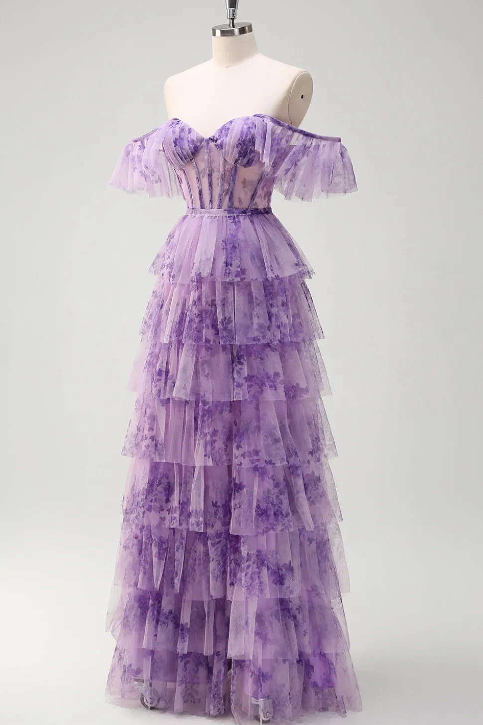 Lilás A-Line Off the Shoulder Corset Floral Ruffles Long Prom Dress com Fenda