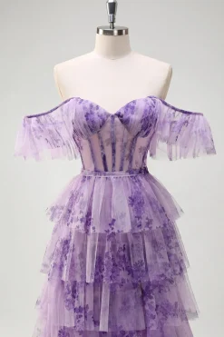 Lilás A-Line Off the Shoulder Corset Floral Ruffles Long Prom Dress com Fenda