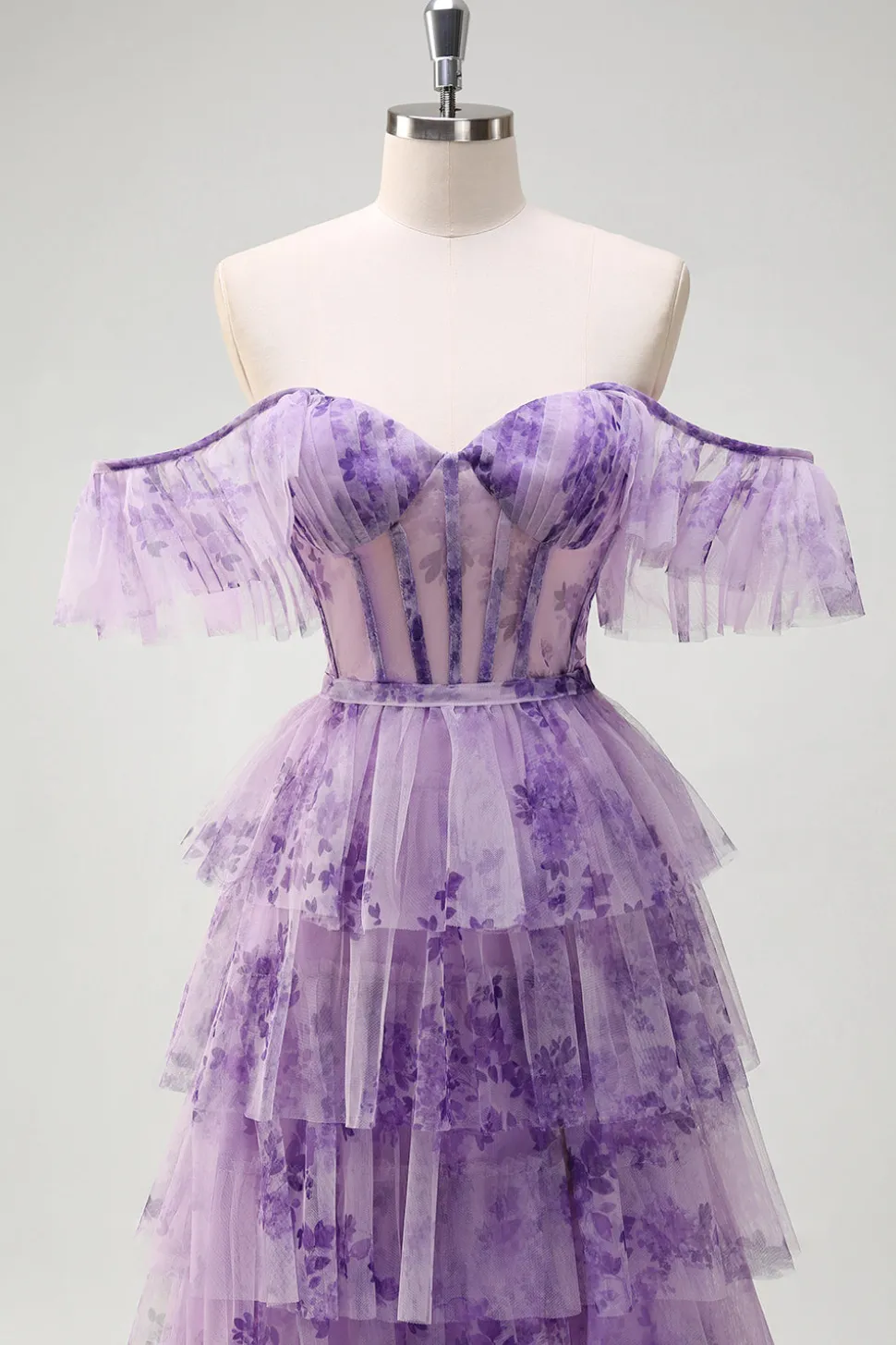 Lilás A-Line Off the Shoulder Corset Floral Ruffles Long Prom Dress com Fenda