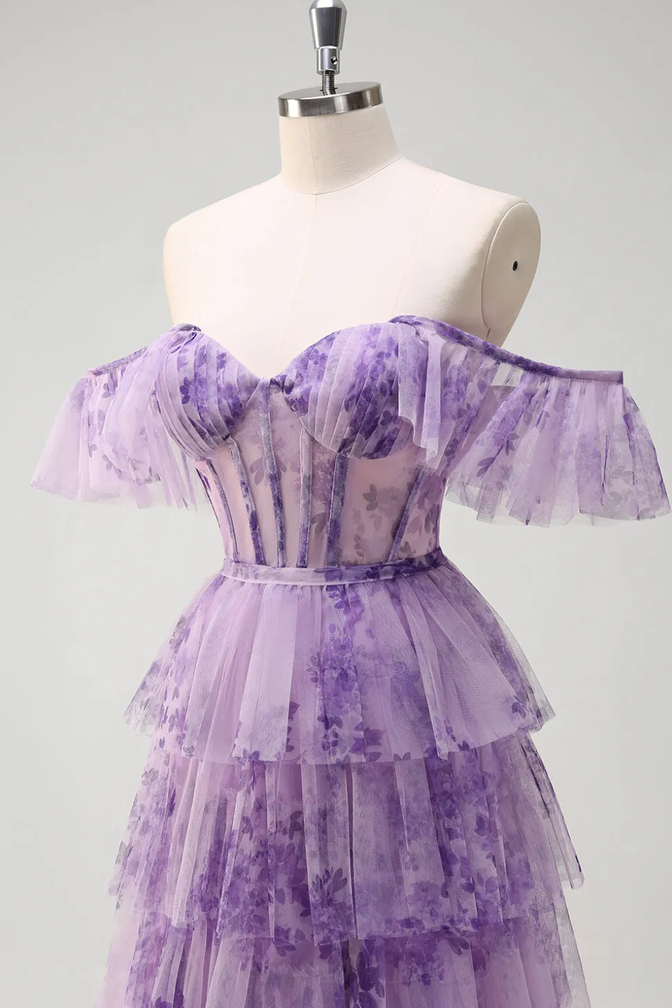 Lilás A-Line Off the Shoulder Corset Floral Ruffles Long Prom Dress com Fenda