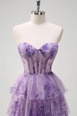 Lilás A-Line Off the Shoulder Corset Floral Ruffles Long Prom Dress com Fenda