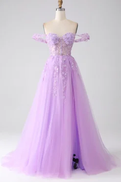 Lilás A-Line Off The Shoulder Beaded Corset Prom Dress