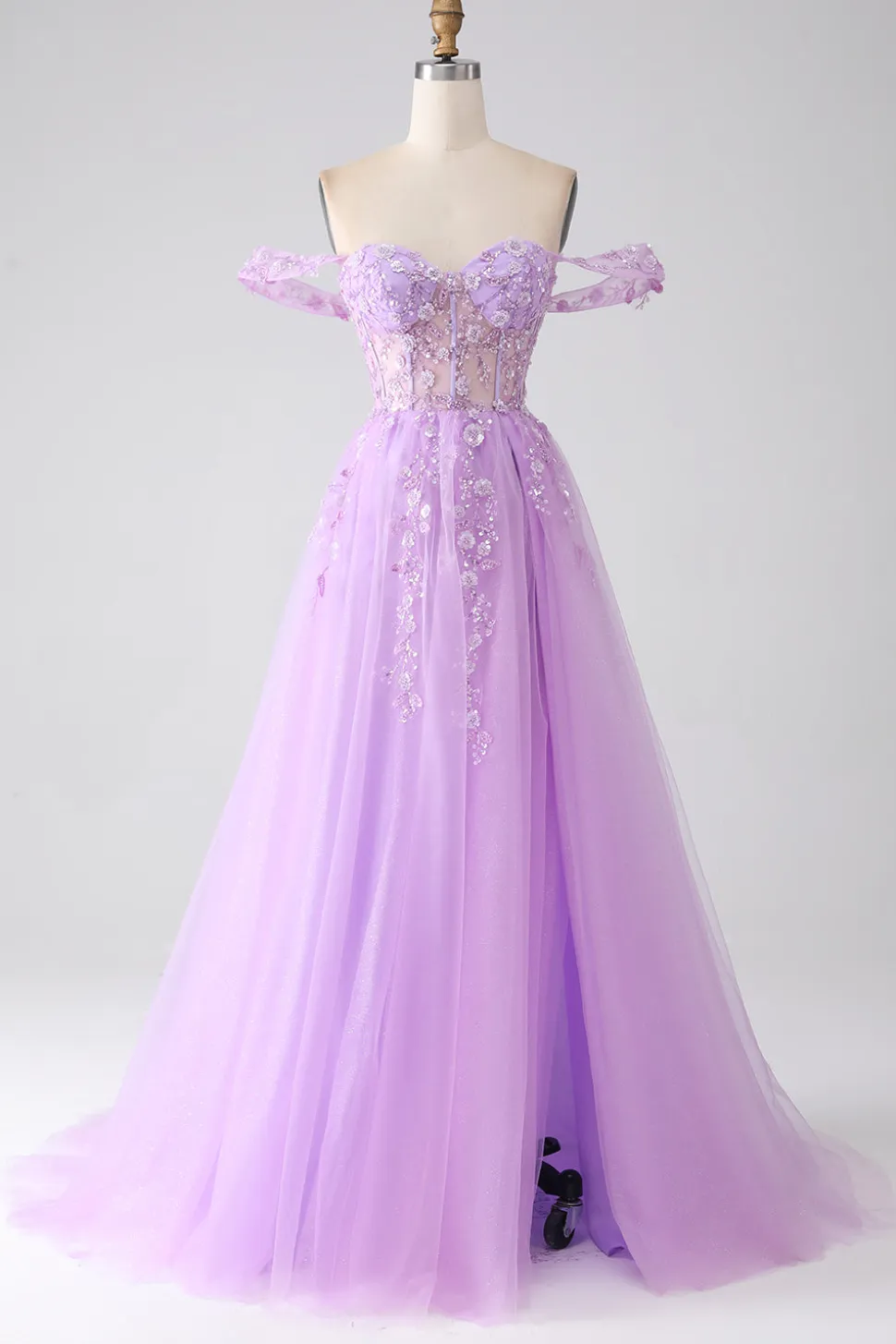 Lilás A-Line Off The Shoulder Beaded Corset Prom Dress