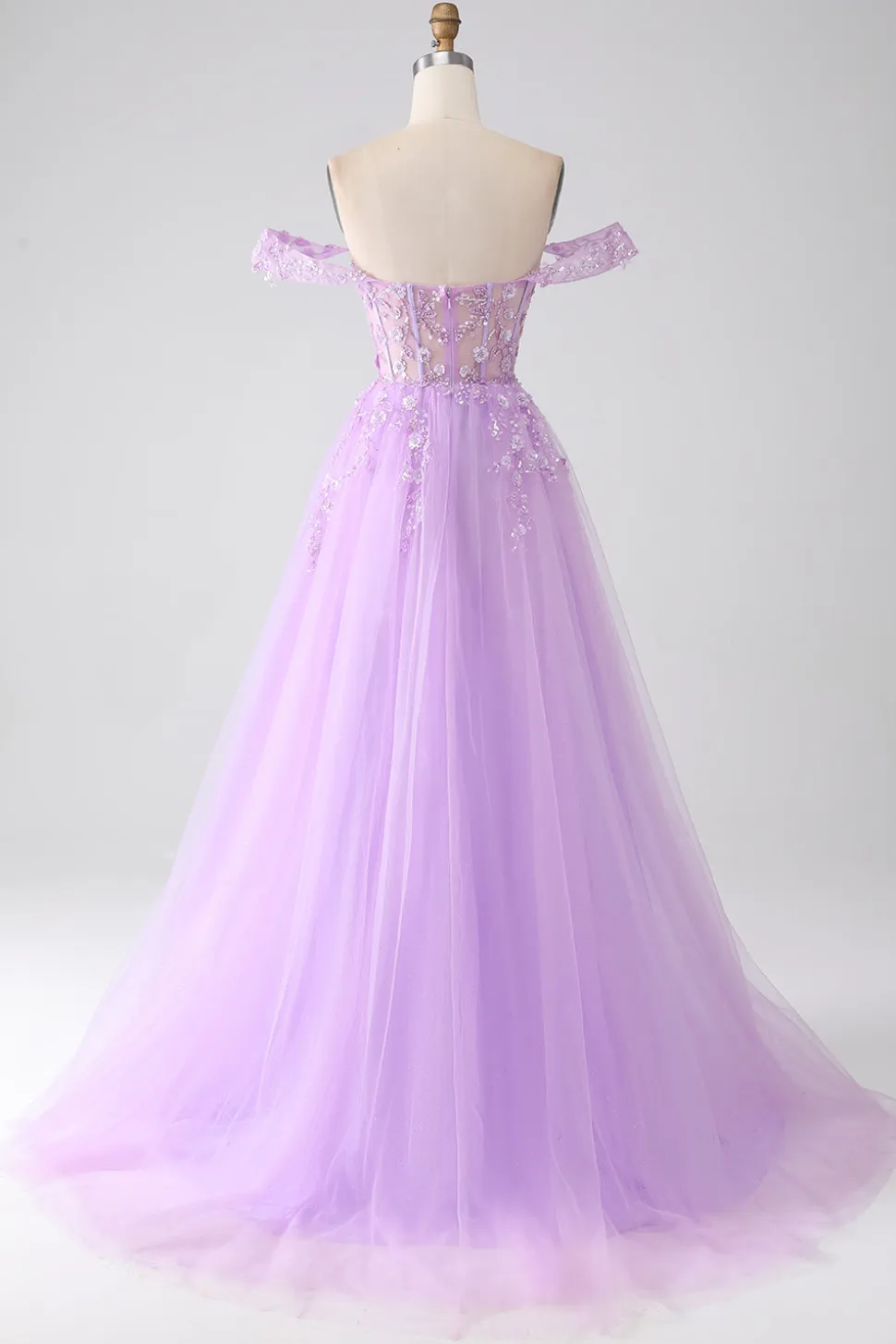 Lilás A-Line Off The Shoulder Beaded Corset Prom Dress