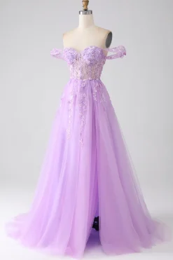 Lilás A-Line Off The Shoulder Beaded Corset Prom Dress