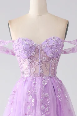 Lilás A-Line Off The Shoulder Beaded Corset Prom Dress