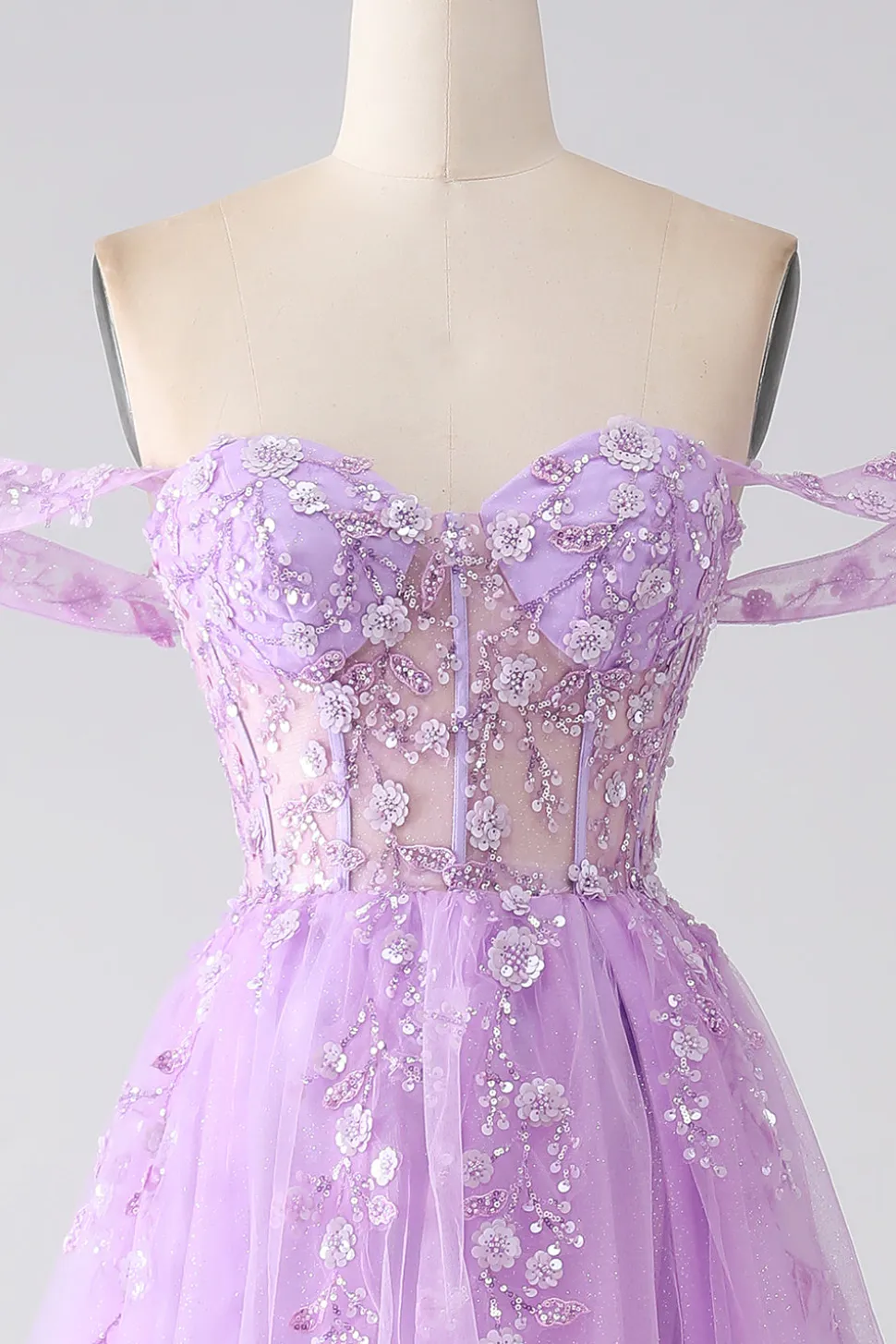 Lilás A-Line Off The Shoulder Beaded Corset Prom Dress