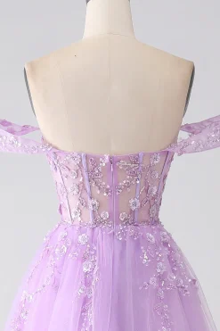 Lilás A-Line Off The Shoulder Beaded Corset Prom Dress