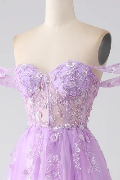 Lilás A-Line Off The Shoulder Beaded Corset Prom Dress