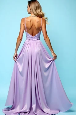 Lilás A-Line Open Back Spaghetti Straps Ruched Long Vestido de Madrinha com Fenda