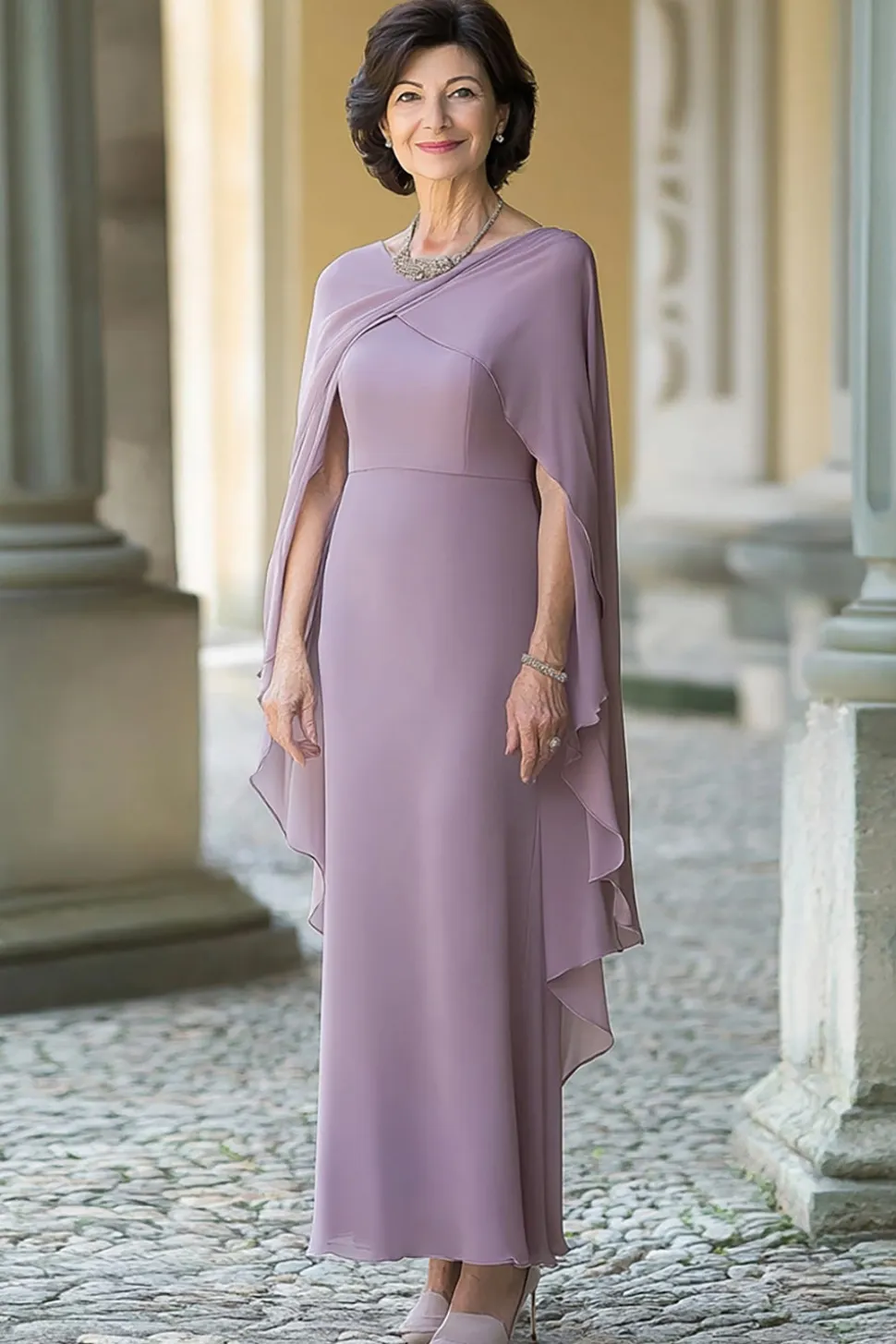 Lilás Bainha Chiffon Decote Redondo Longo Vestido Mae Noiva