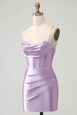 Lilás Bodycon Esparguete Correias Espartilho Cetim Vestido Curto Homecoming
