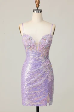 Lilás Brilhante Bodycon Espartilho Curto/Mini Vestidos Cocktail