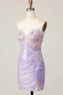 Lilás Brilhante Bodycon Espartilho Curto/Mini Vestidos Cocktail
