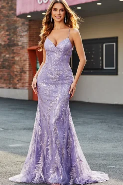 Lilás Brilhante Sereia Vestido Longo Baile de Formatura com Missangas