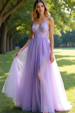 Lilás Brilhante Uma Linha Esparguete Correias Renda Vestido Longo Baile Com Fenda