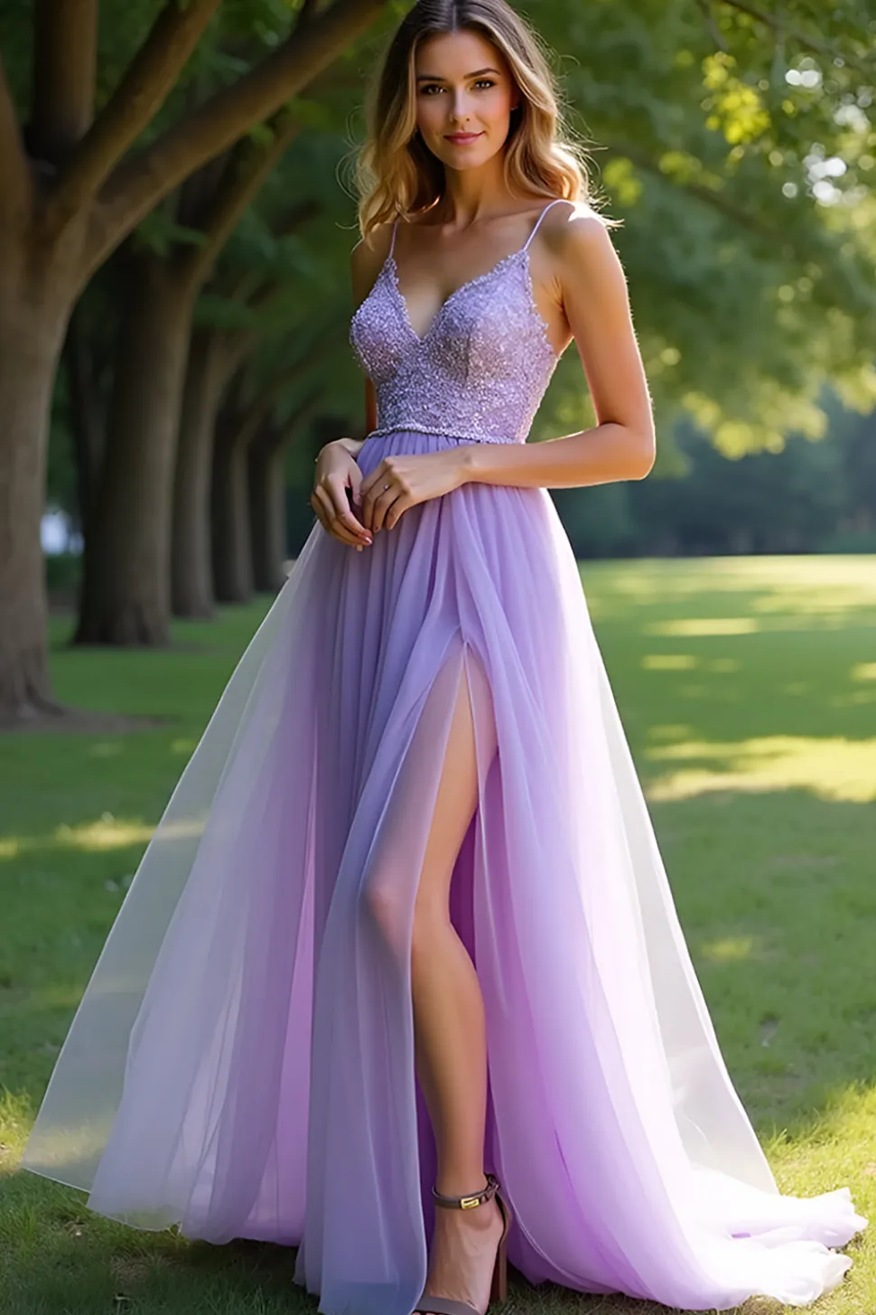 Lilás Brilhante Uma Linha Esparguete Correias Renda Vestido Longo Baile Com Fenda