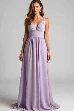 Lilás Chiffon A Line Ruched V Neck Vestido Madrinha com Gravata Traseira