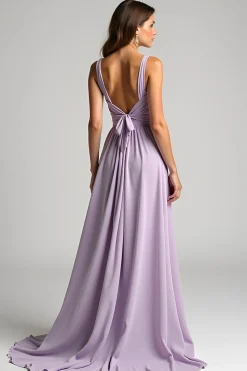 Lilás Chiffon A Line Ruched V Neck Vestido Madrinha com Gravata Traseira