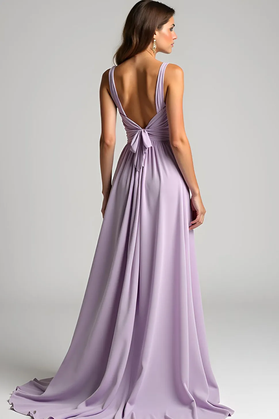 Lilás Chiffon A Line Ruched V Neck Vestido Madrinha com Gravata Traseira