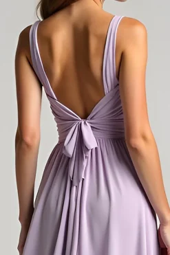 Lilás Chiffon A Line Ruched V Neck Vestido Madrinha com Gravata Traseira