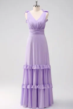 Lilás Chiffon A-Line Ruched Vestido de Madrinha com Folhos