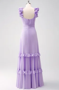 Lilás Chiffon A-Line Ruched Vestido de Madrinha com Folhos