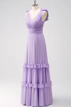 Lilás Chiffon A-Line Ruched Vestido de Madrinha com Folhos