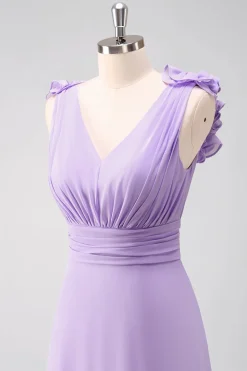 Lilás Chiffon A-Line Ruched Vestido de Madrinha com Folhos