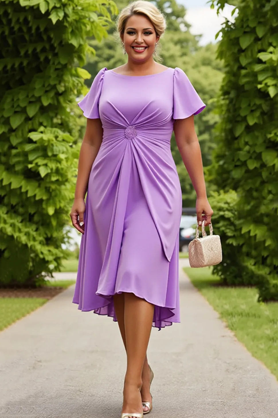 Lilás Chiffon Ruched Midi Tamanhos Grandes Vestido Mãe da Noiva