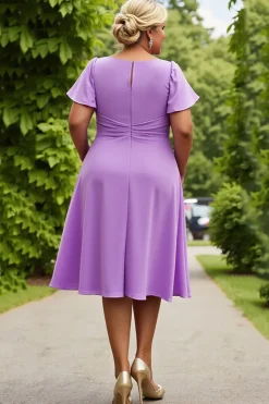 Lilás Chiffon Ruched Midi Tamanhos Grandes Vestido Mãe da Noiva