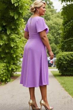Lilás Chiffon Ruched Midi Tamanhos Grandes Vestido Mãe da Noiva