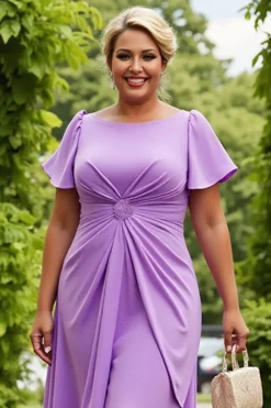 Lilás Chiffon Ruched Midi Tamanhos Grandes Vestido Mãe da Noiva