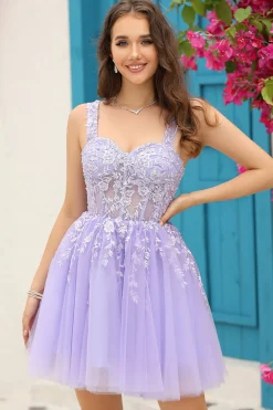 Lilás Cintas de Espaguete A-Line Vestido de Cocktail