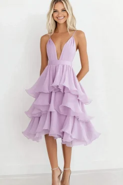 Lilás Decote em V Chiffon Linha-A Midi Vestido De Baile