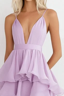 Lilás Decote em V Chiffon Linha-A Midi Vestido De Baile