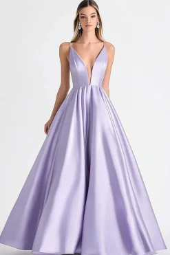 Lilás Decote em V Linha-A Longo Cetim Vestido de Baile