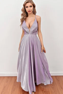 Lilás Deep V Pescoço Longo Vestido de baile longo com correias cruzadas