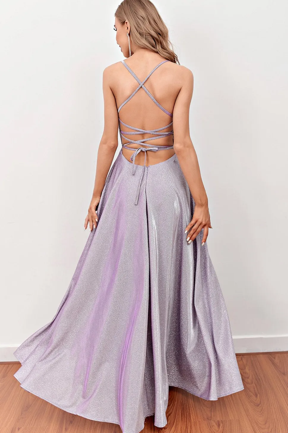 Lilás Deep V Pescoço Longo Vestido de baile longo com correias cruzadas