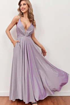 Lilás Deep V Pescoço Longo Vestido de baile longo com correias cruzadas