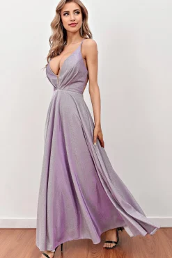Lilás Deep V Pescoço Longo Vestido de baile longo com correias cruzadas