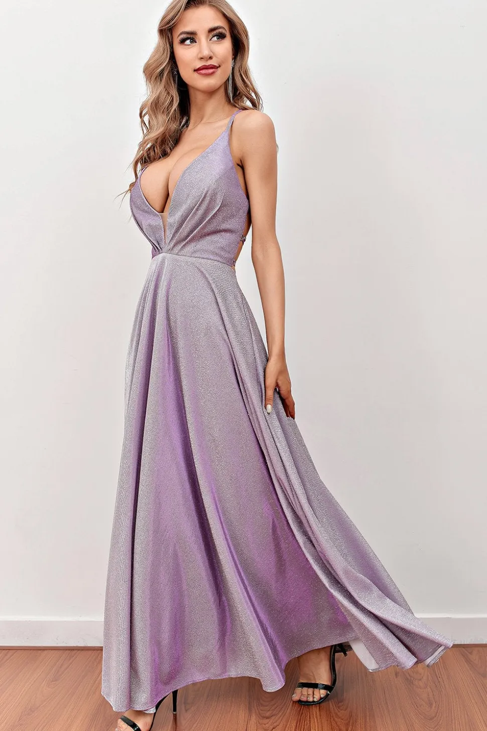 Lilás Deep V Pescoço Longo Vestido de baile longo com correias cruzadas