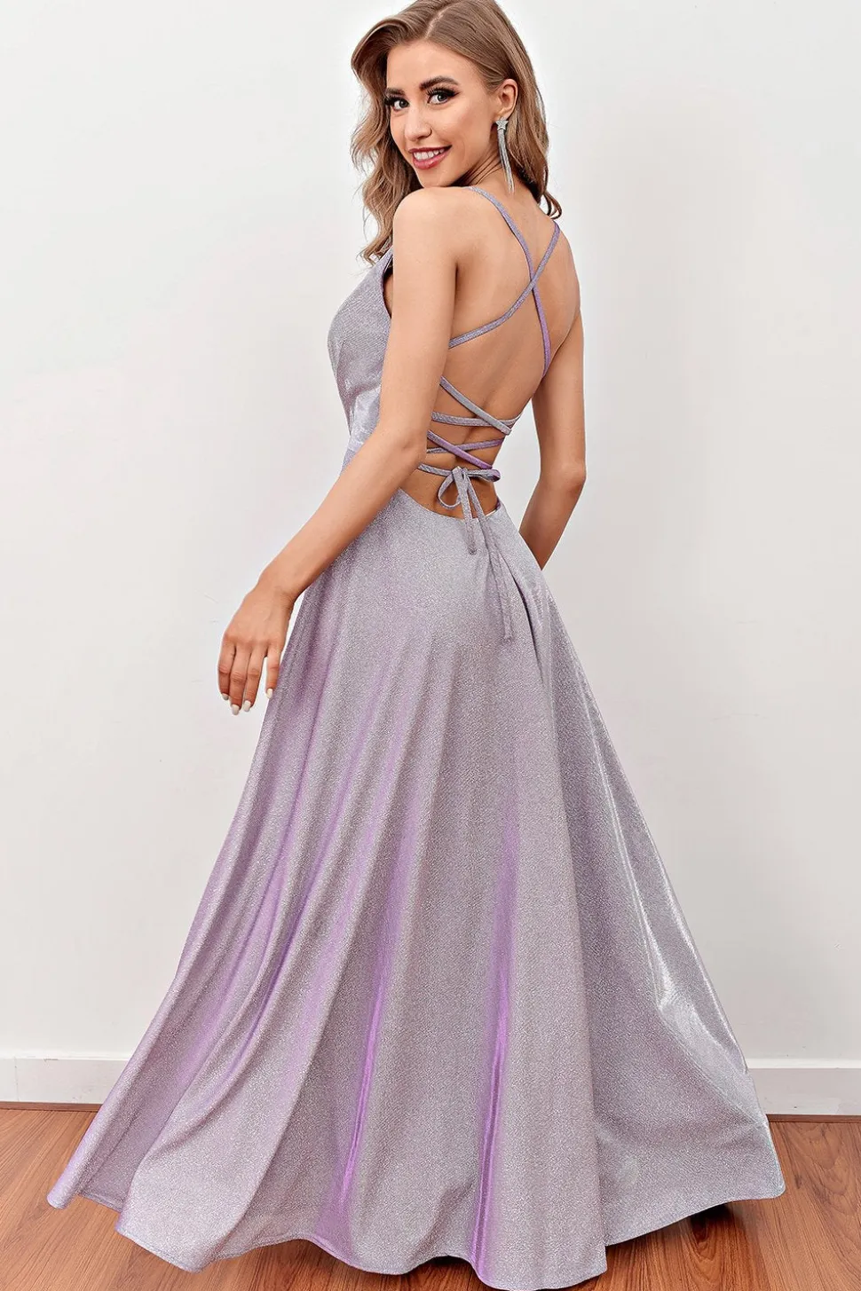 Lilás Deep V Pescoço Longo Vestido de baile longo com correias cruzadas