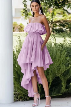 Lilás Direto Chiffon Assimétrico Plissado Midi Vestido De Baile
