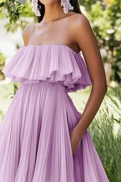 Lilás Direto Chiffon Assimétrico Plissado Midi Vestido De Baile