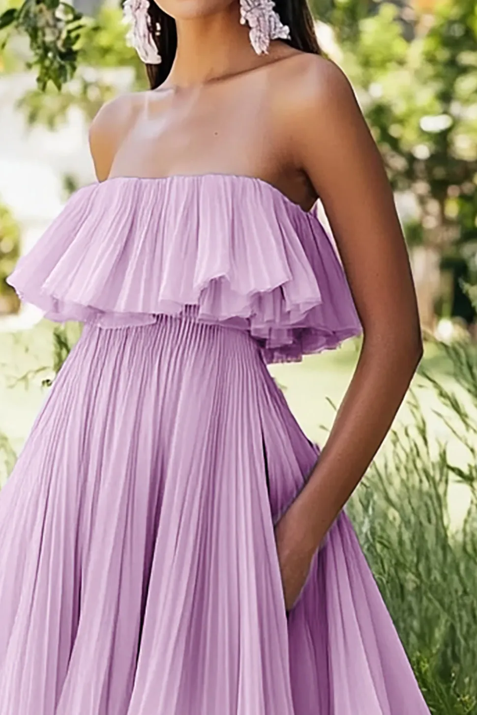 Lilás Direto Chiffon Assimétrico Plissado Midi Vestido De Baile