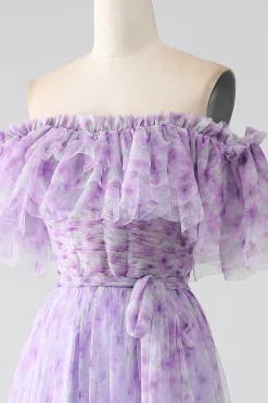 Lilás Floral Fora do Ombro Longo Vestido de Baile de Formatura