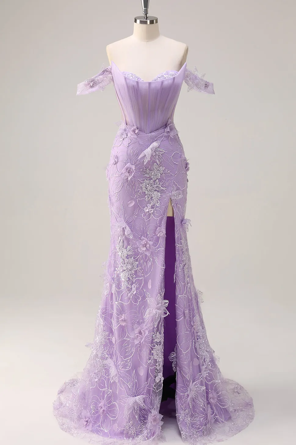 Lilás Fora do Ombro Sereia Long Corset Prom Dress com 3D Appliques Fenda