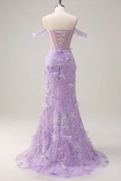 Lilás Fora do Ombro Sereia Long Corset Prom Dress com 3D Appliques Fenda